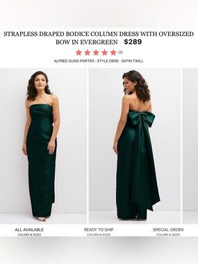 ALFRED SUNG Strapless Evergreen Satin Column Gown with Back Bow